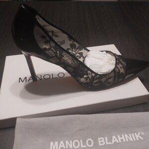 Manolo Blahnik Black Patent and Lace Patchala Stiletto, 90mm heel, size 42